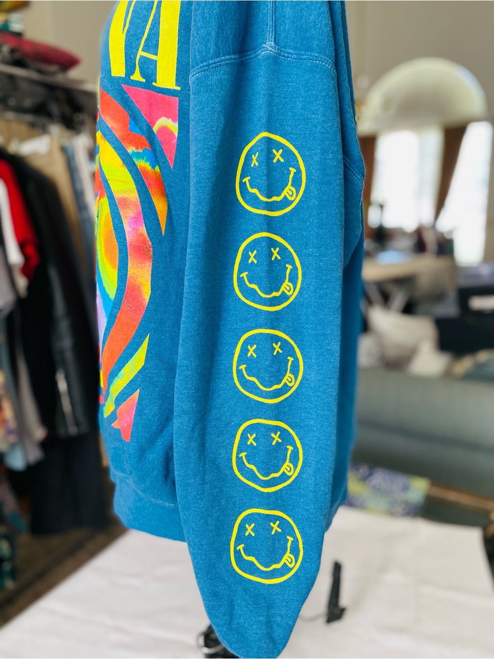 NIRVANA Teal Crewneck with Multicolor Tie-Dye Smiley - Picture 4 of 6